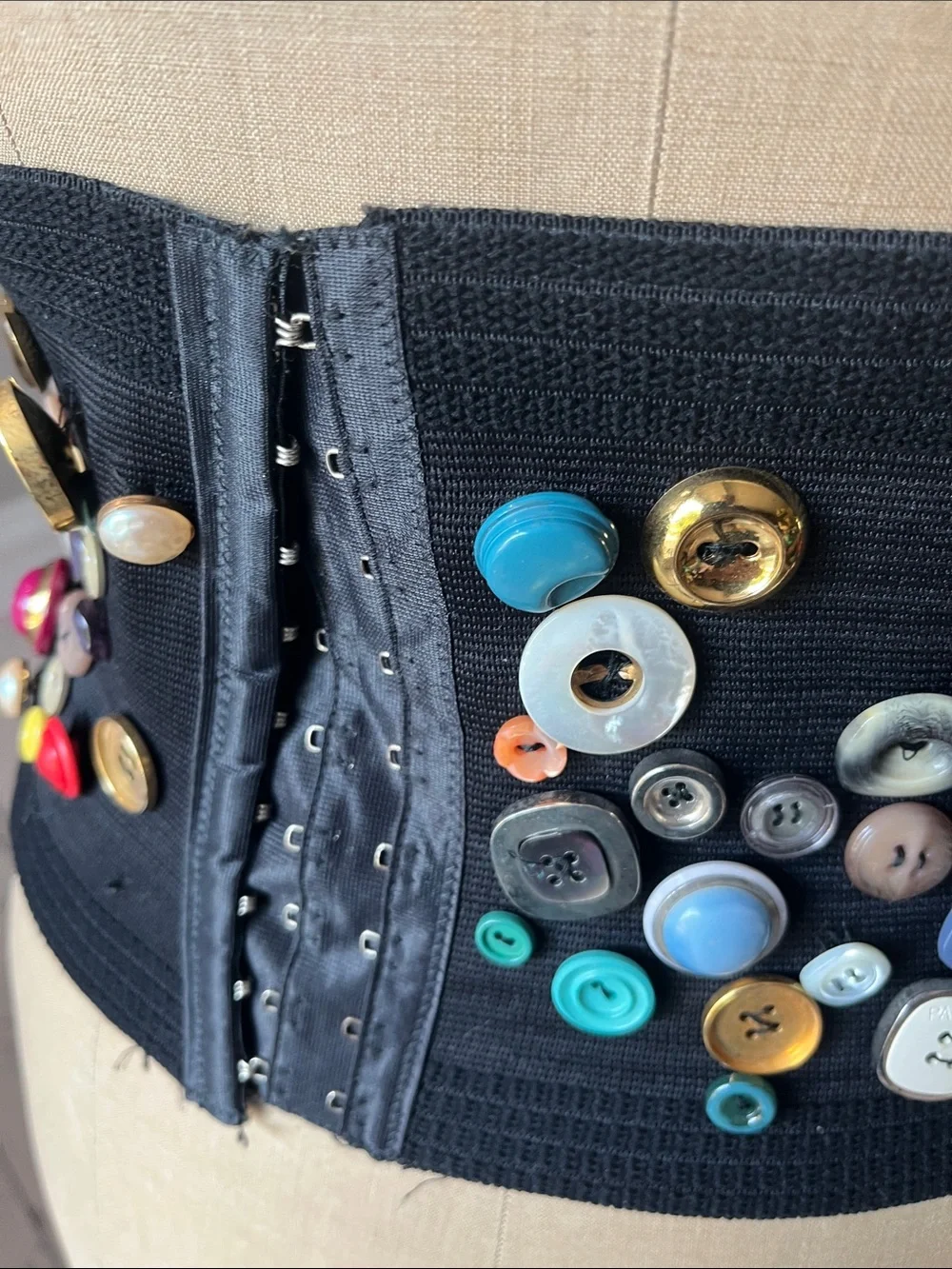 Vintage Black Elastic Waist Belt with Multicolor Button Accents